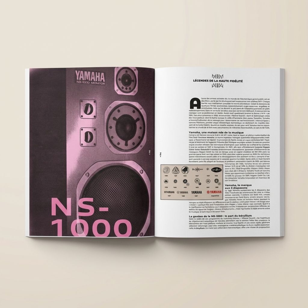 Inside spread on the Yamaha NS-1000 Monitor, with the timeline of the company's successive logos.