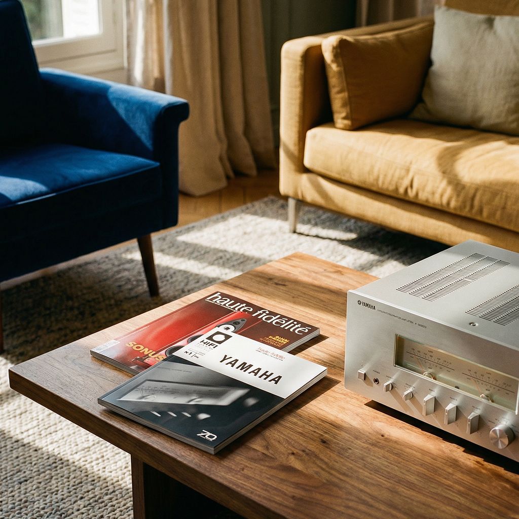 Edition n°1 on a coffee table next to an issue of Haute Fidélité and a Yamaha amplifier.